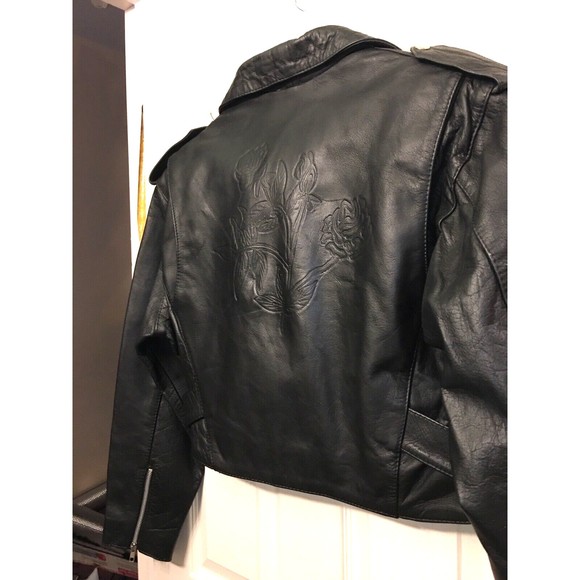 Women’s Protech Black Moto Motorcycle BOMBER Leather Jacket Medium VGUC Unique - Picture 3 of 13